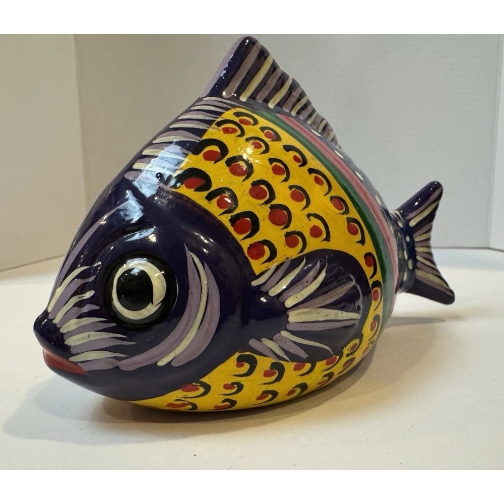 Hand-Painted Mexican Pottery Fish Talavera style Yellow Purple Handmade Folk-Art